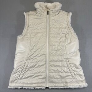 Cream Quilted Puffer Vest Faux Fur Trim W Medium YKK Zip Cozy Cottagecore Layer